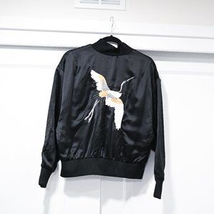 CARBON38 Hayato Satin Jacket Embroidered Egret Bomber Jacket | Small